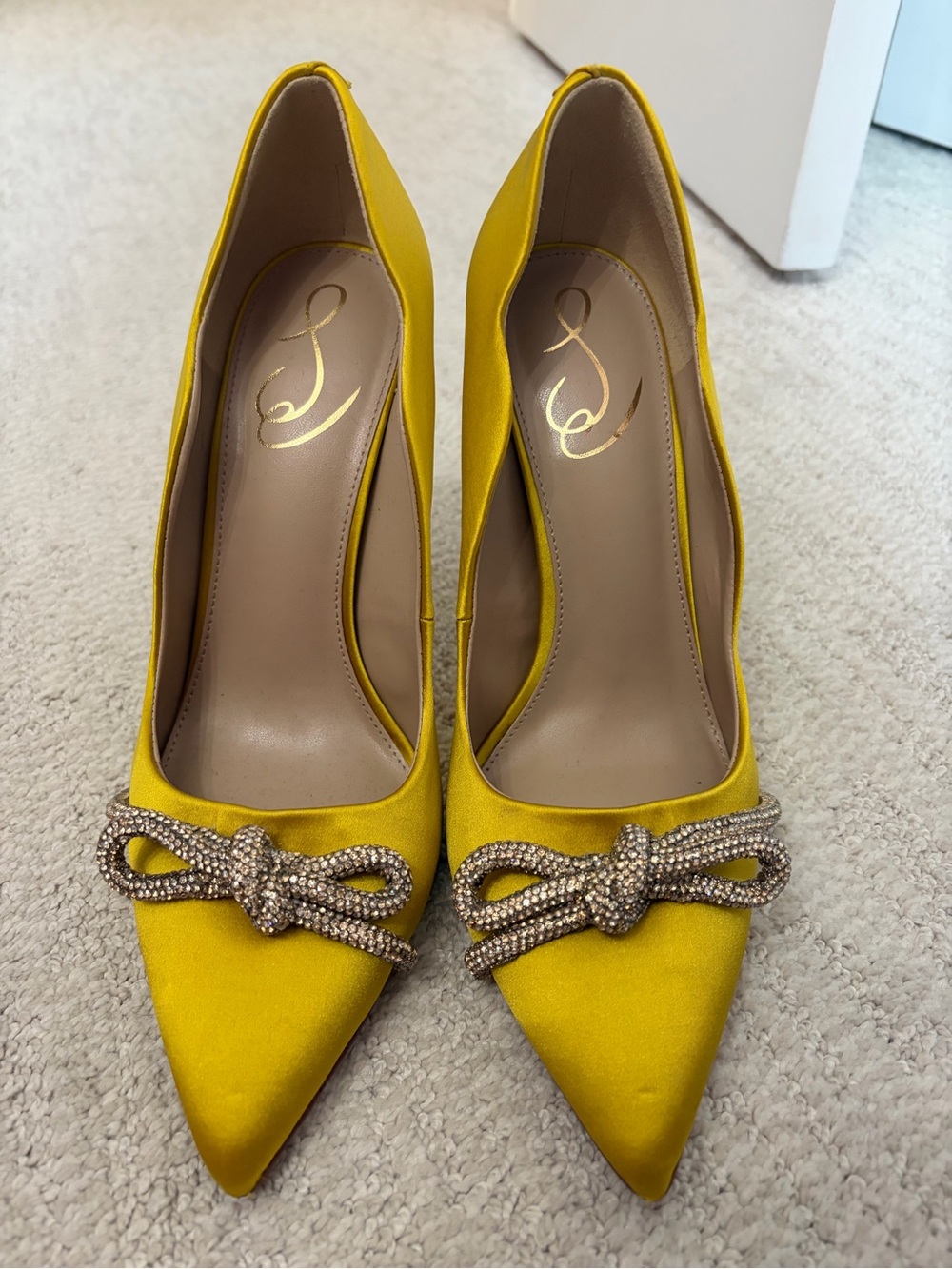 Sam Edelman Yellow Satin Pointed-Toe Pumps with Crystal Bow